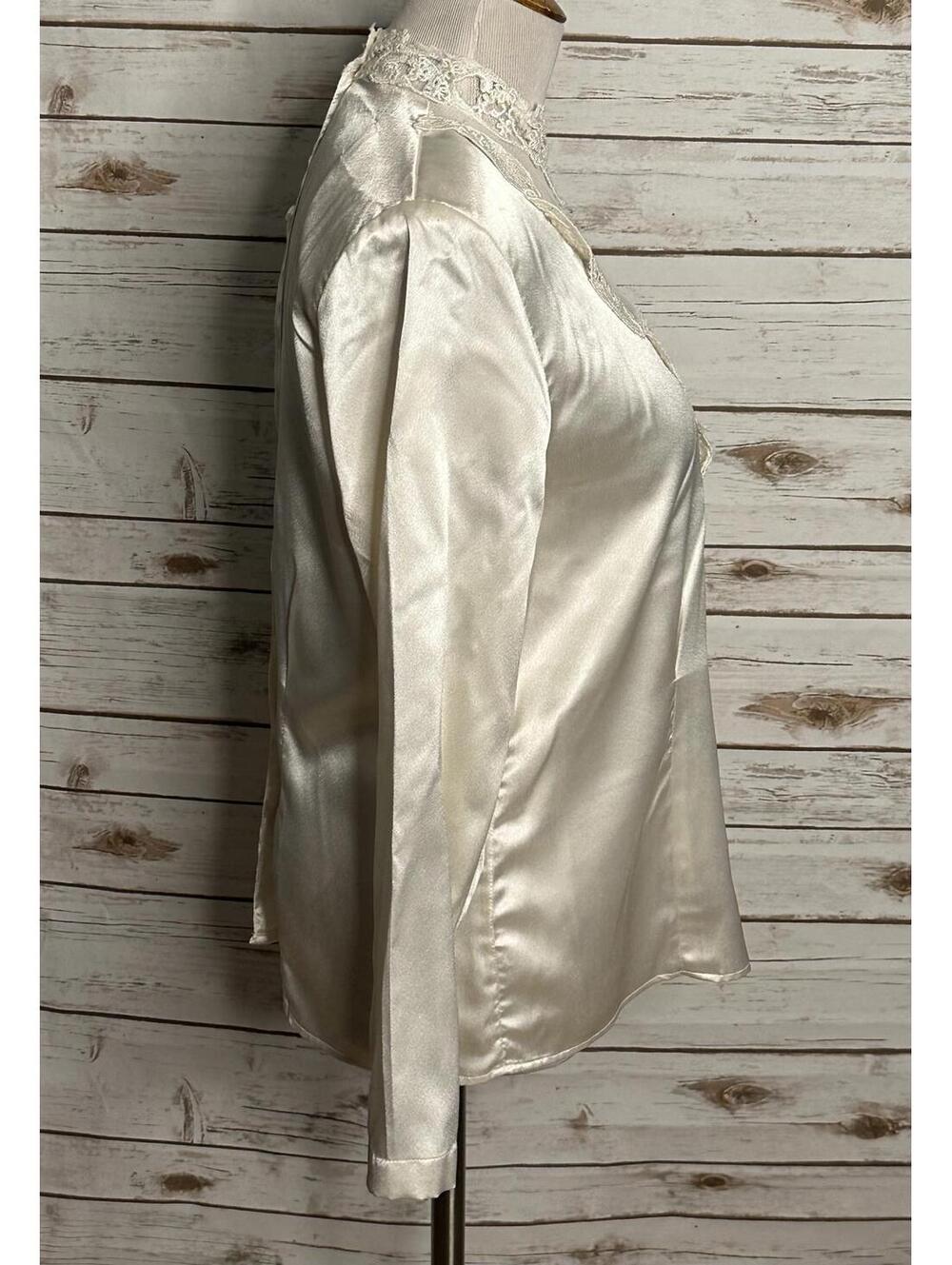 Vintage Victorian ivory satin w/ lace bib high neck long sleeve blouse Size 8 - Picture 5 of 6